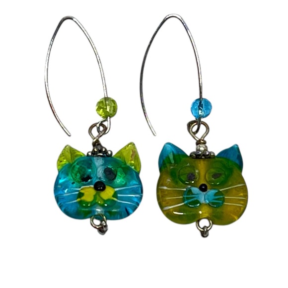 Artsy Cat Face Glass Dangle Blue Yellow Earrings - Picture 1 of 13